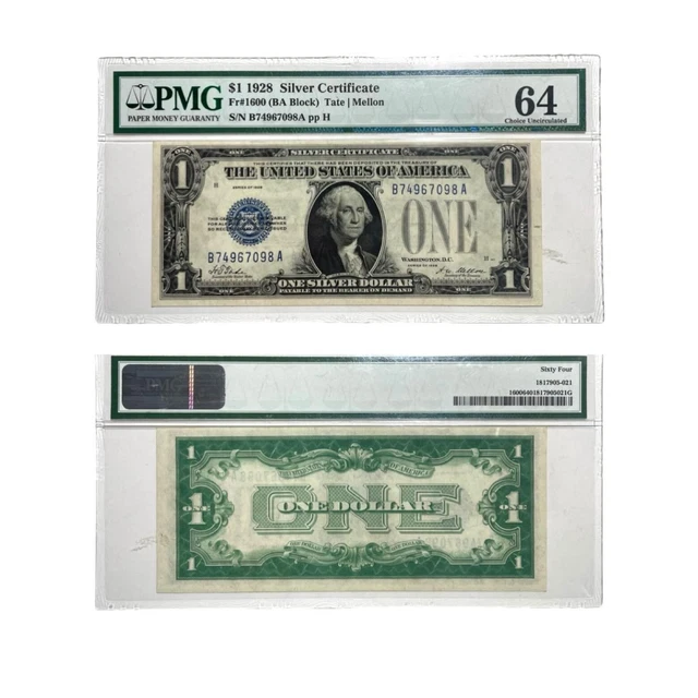 1928 (BA Block)  $1 Silver Certificate Blue Seal FR#1600 PMG 64 CH UNC-Rare