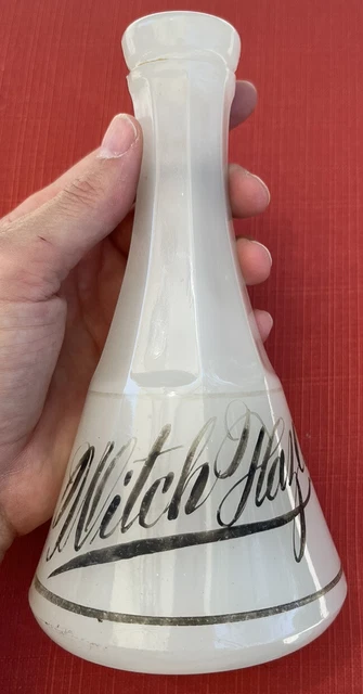 Antique Witch Hazel Black Writing White Clambroth Glass Drug Store Barber Bottle