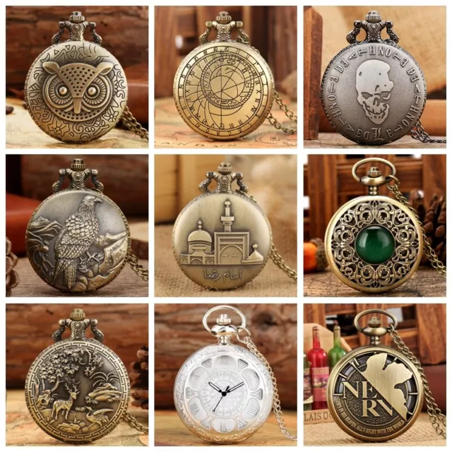 Steampunk Bronze Quartz Pocket Watch with Necklace Chain Christmas Gift Watches