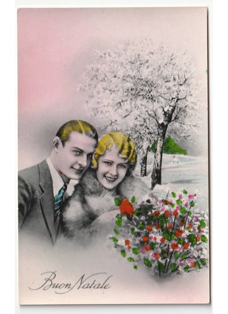 Non Viaggiata Buon Natale foto cartolina d'epoca innamorati fiori alberi