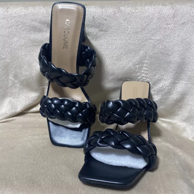 Carcuume Womens Braided Heels Square Open Toe Two Straps Black Size 7.5