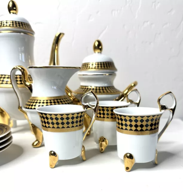 Y Fine White Porcelain Espresso Coffee Tea Set Gold Black Harlequin Checked 3