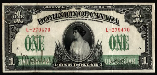 1917 Dominion Of Canada $1 One Dollar Large Banknote Ottawa Serie L - Vf+