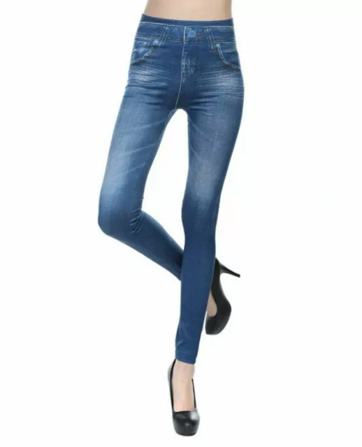 Women Faux Denim Jeans look Stretch Pencil Slim Leggings Jeggings Pants AU6-12