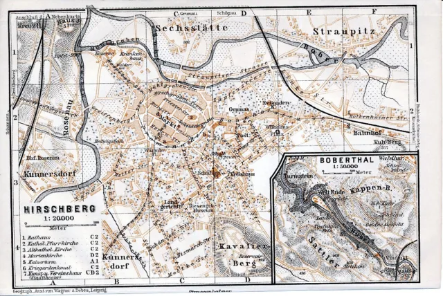 PL Hirschberg + Bobertal 1914 kl. orig. Stadtplan + Reisef. (2 S.) Jelenia Góra