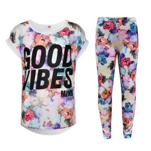 Bambine Good Vibes Stampato Trendy Top & Moda Set Leggings Età 7-13 Anni