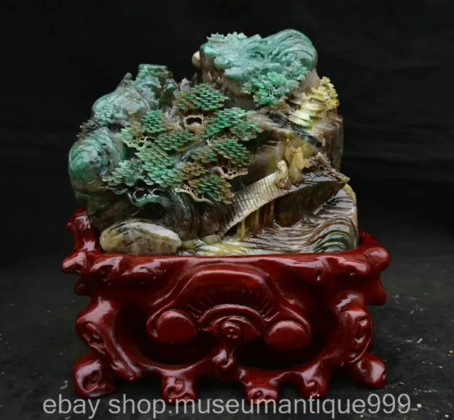 10.4" Chinese Natural Dushan Jade Carving Mountain Tree People bridge Statue