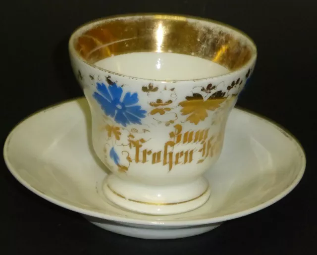 KPM Krister um 1840 Handbemalte Biedermeier Tasse + Untertasse Zum frohen Feste