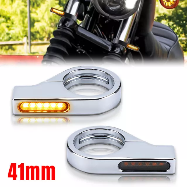 2x 41mm Front Fork Tube Clamp Amber Motorcycle LED Turn Signal Bracket Indicator