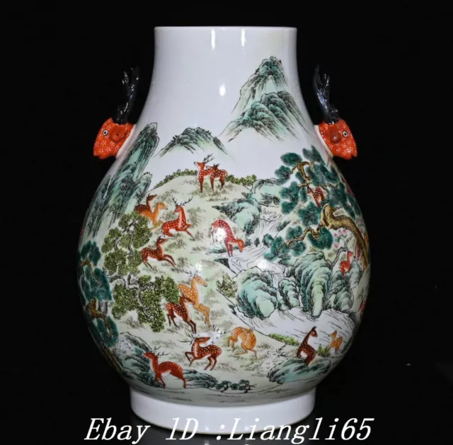 17.3" Qianlong Familie Rose Porzellan Fengshui Sika Hirsch Tier Zu Flasche