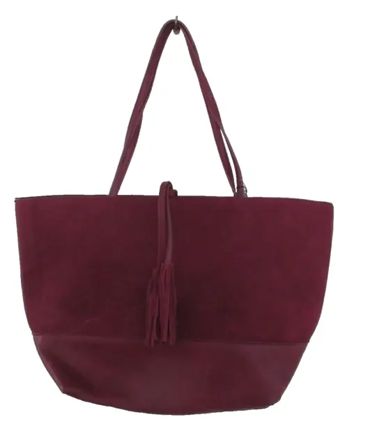 Street Level Reversible Faux Leather Tote BURGUNDY SUEDE TASSELS Black Interior