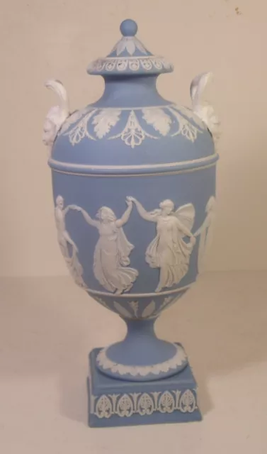 WedgwoodDancing Hours 19th Century Blue Jasperware 9"  Masked Urn/Vase