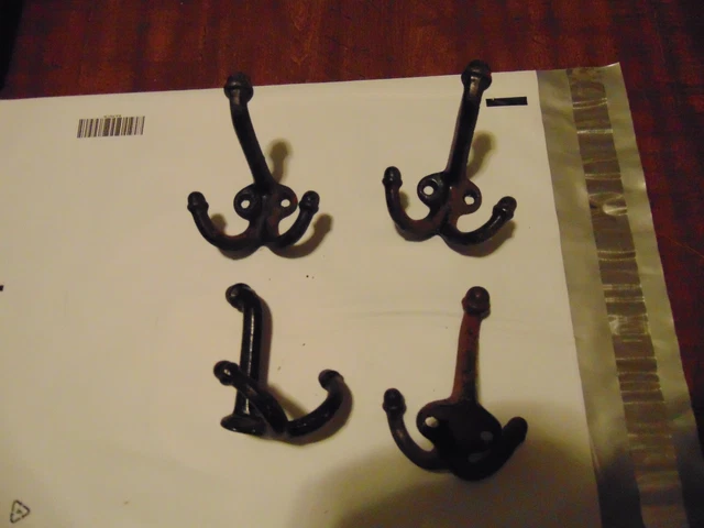 ANTIQUE 3" TRIPLE ACORN HOOKS HAT COAT CAST IRON VINTAGE HANGER RUSTIC lot of 4