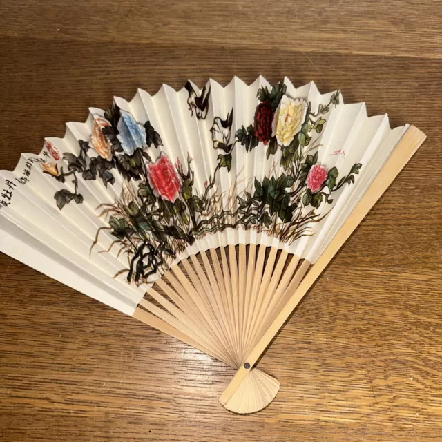 Vintage Handheld Chinese Fan Ivory Flowers Birds Paper  Bamboo 10" Collectible