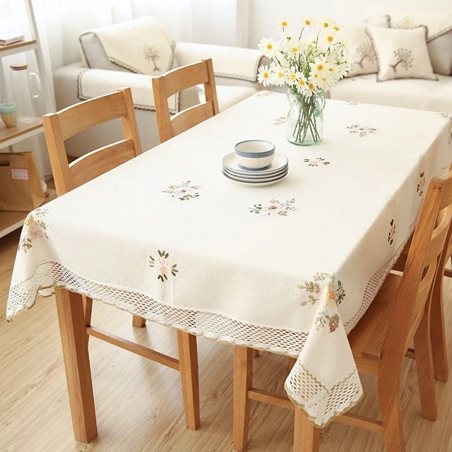 Cotton Tablecloth with Embroidered Flower Lace Decoration Oilproof for Wedding