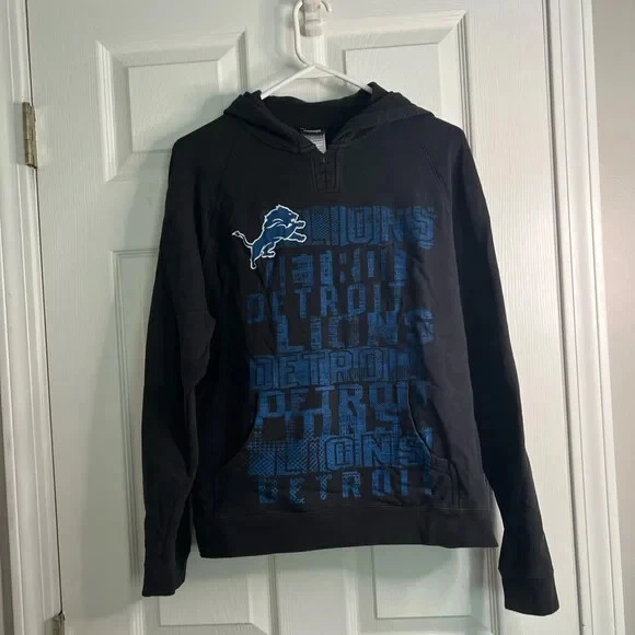 Reebok Woman's Detroit Lions Hoodie- Retro Basic Black and Blue logos Sz: Medium