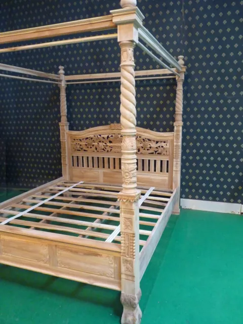 Carved Teak Wood 6'  Four poster floral design chippendale Queen Anne Bed 3