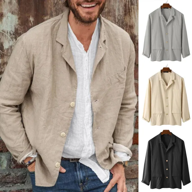 Uomo Camicie Cappotto Giacca Manica Lunga Cardigan Cotone Lino Bavero Solid Th -