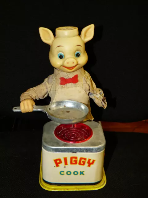 1950's BATTERY OPERATED PIGGY COOK TIN LITHO BURGER CHEF'S BBQ BUDD