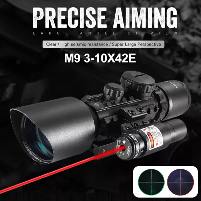 3-10X42E Scope Outdoor Sight Hunting Telescope Rifle Optical Red Laser Combo