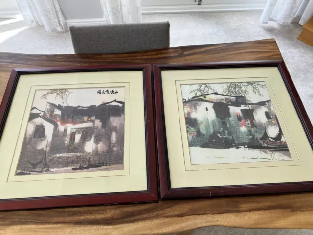 STUNNING PAIR -Vintage Asian Chinese Silk Embroidered Framed & Glazed Pictures.