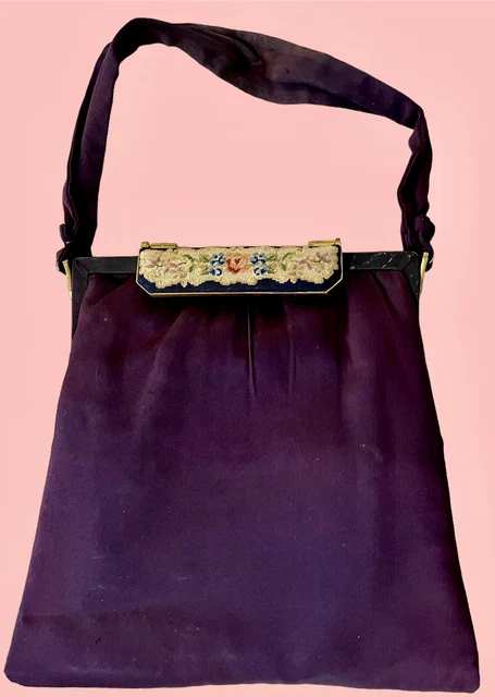 Vintage Twifaille by Rosenfeld Purple Satin Handbag Top Handle Embroidery Detail