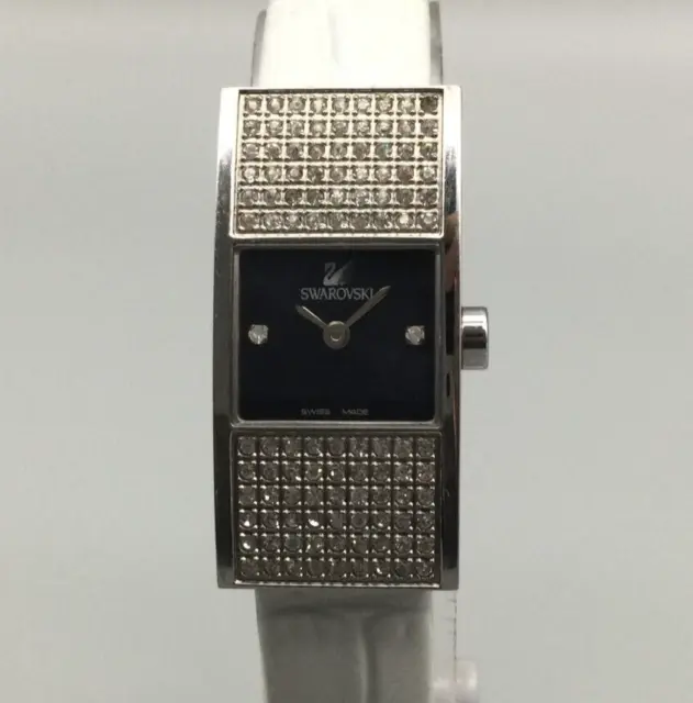 Swarovski Watch Women Silver Tone Pave Rectangle White Leather New Battery