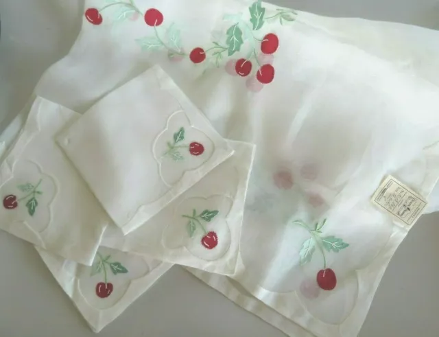 Vtg Nwt Madeira Hand Embroidered Organdy & Cherries Tablecloth, Cocktail Napkins