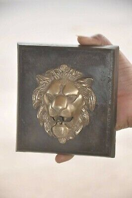 Old Brass & Wooden Handcrafted Lion Face Wall Hanging Panel
