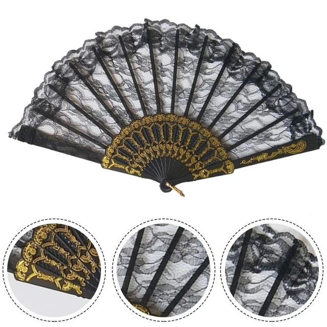 Ventilador de encaje negro plegable portátil baile fiesta boda celebración flores disfraz