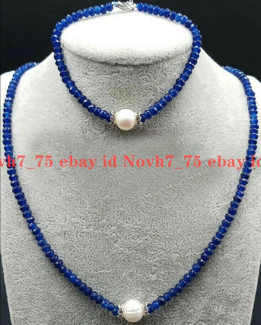 New 2x4mm Facettierte Blaue Saphir & 9-10mm Weiße Perlen Halsketten Armband Set