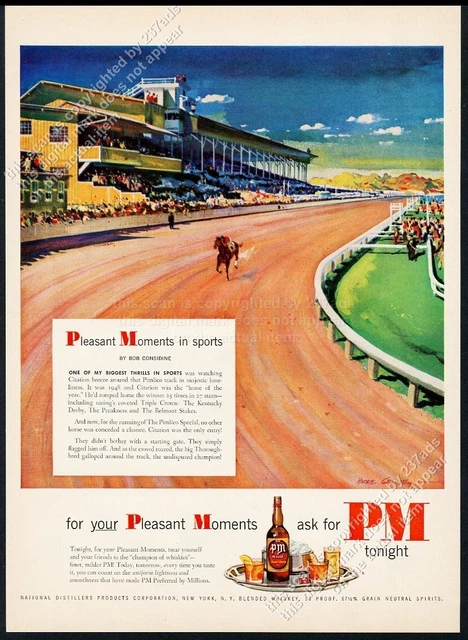 1951 Citation horse racehorse Pimlico racetrack art PM Whiskey vintage print ad