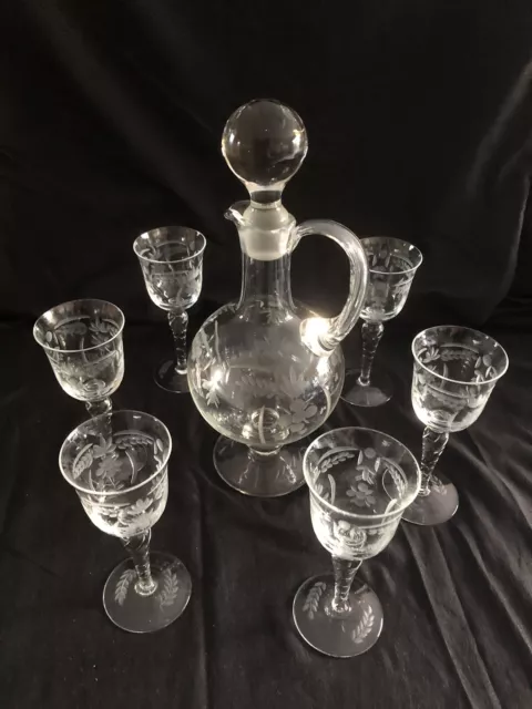 Service ancien vin Blanc / Porto carafe avec 6 verres en cristal gravé￼