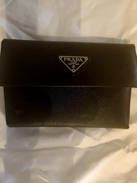 Prada Vintage Black Saffiano Leather Logo Front TriFold Dual Snap Long Wallet