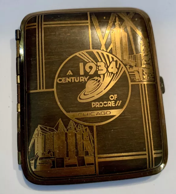 Vintage 1934 Chicago Metal Cigarette Case Box Gold Men Tobacco Holder