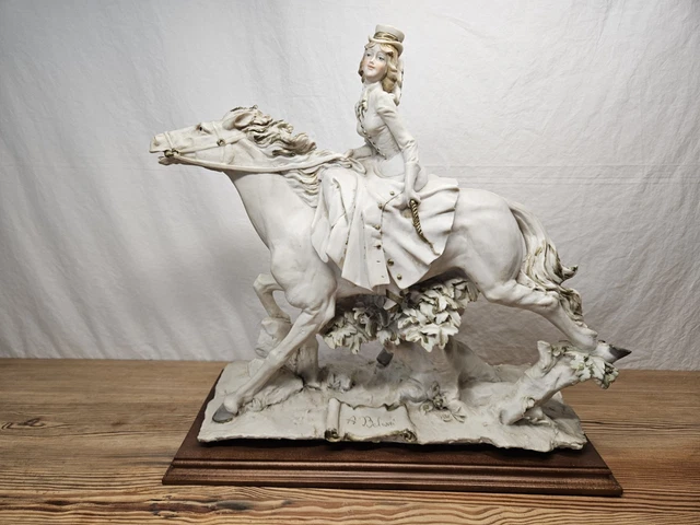 VINTAGE A. BELCARI Italian Figurine Lady with Borzoi Dog on Wooden