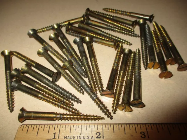 20 VINTAGE NOS, SOLID BRASS WOOD SCREWS WITH THE REG. SLOTTED FLAT HEAD 2" x #10