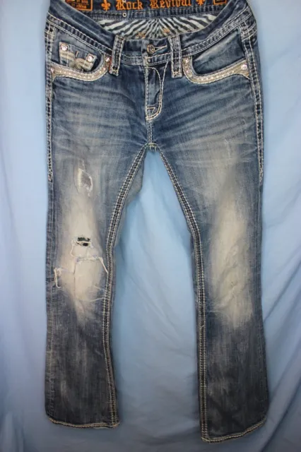 Rock Revival Sherry Jeans Women Size 26 Rhinestone DISTRESSED  Medium Wash