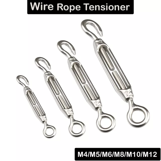 Turnbuckle Wire Tensioner Strainer Stainless Steel Hook Rope Cable Threaded Hook