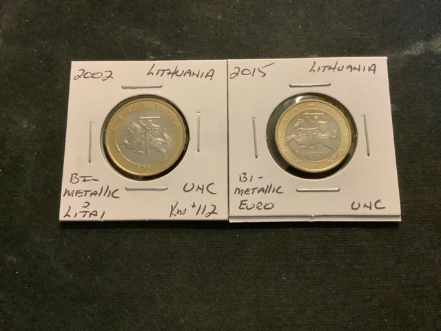 Lithuania 2002/2015 Bi-Metallic 2 Litai/Euro UNC 2 Coin Lot R2089 Lithuania 2002/2015 Bi-Metallic 2 Litai/Euro UNC 2 Coin Lot R2089