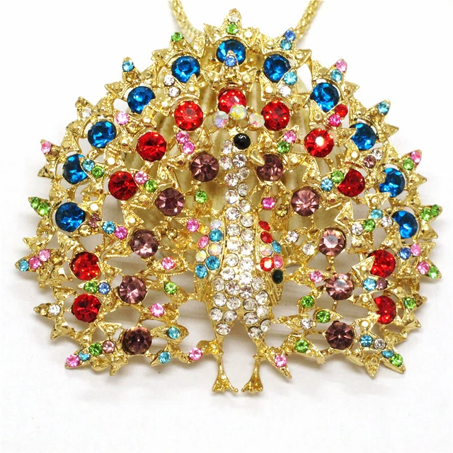 Hot Colorful Crystal Bling Peacock Animal Pendant Betsey Johnson Chain Necklace