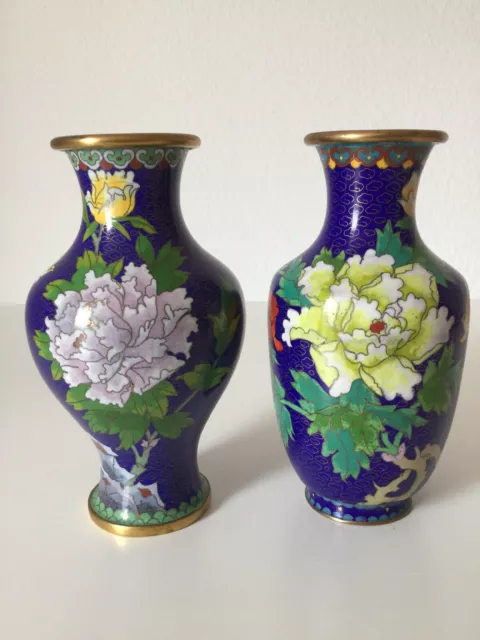 2 Alte Vasen Blumen Vogel Dekor Cloisonne Emaille China