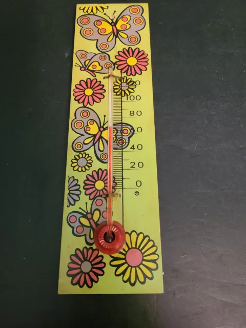 Green Wood Daisy & Butterfly Wall Thermometer 12" X 3.5"