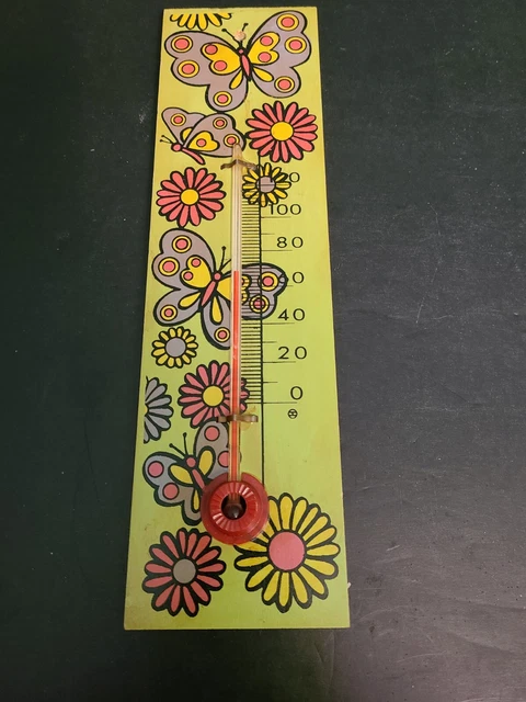 Green Wood Daisy & Butterfly Wall Thermometer 12" X 3.5"
