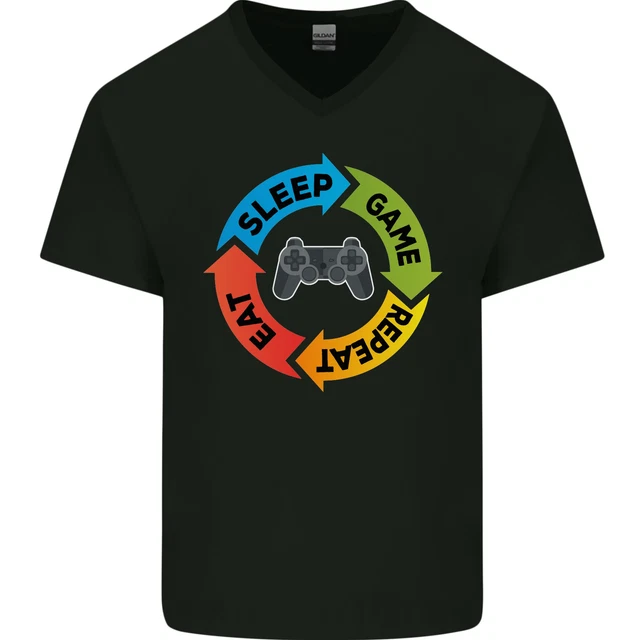 T-shirt da uomo scollo a V cotone scollo a V Gamming Eat Sleep Game