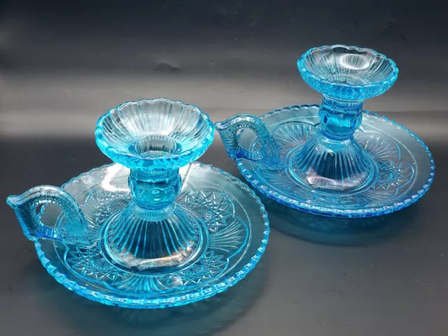 Antique 1902 Sklo Union Zabkowice Glass Aquamarine Blue Candlestick Holders