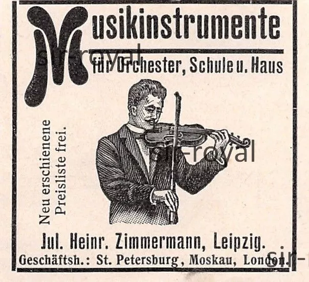 Musikinstrumente Heinrich Zimmermann Leipzig - 1904 - Historische Werbung ~5x5cm