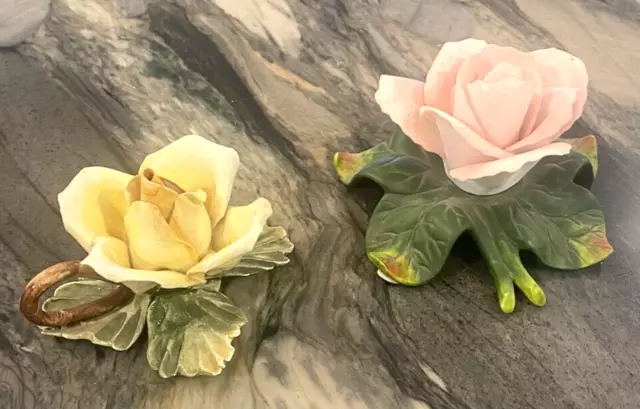 Two Vintage Capodimonte Style Porcelain Single Roses Pink Yellow Figurine Leaf