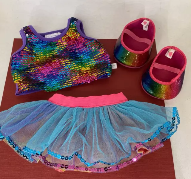 Build-A-Bear 🐾 BAB Rainbow Sequin Top, Tutu Skirt & Shoes - Cothing/Outfit Lot