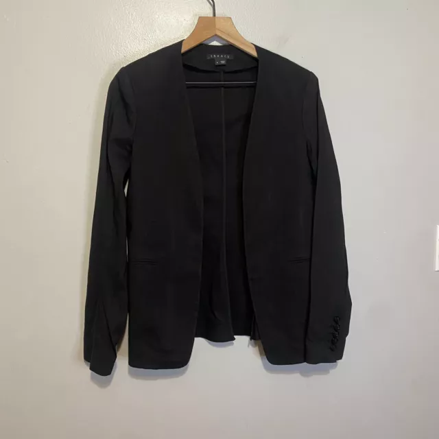 Theory Womens Open Front Career Blazer Jacket Black Linen Blend Size 8